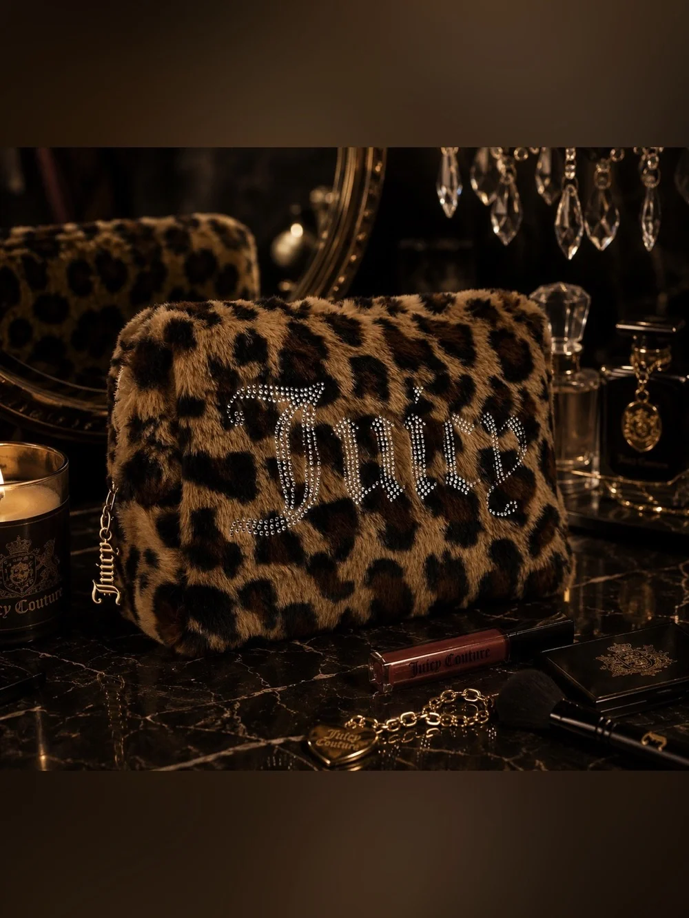 🍒 Juicy Couture Leopard Faux Fur Cosmetic Wedge Pouch Rhinestone Juicy